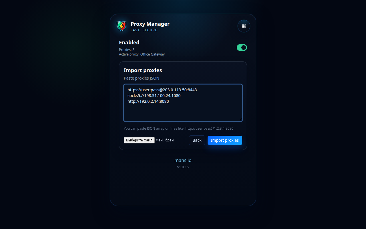 Екран імпорту Proxy Manager